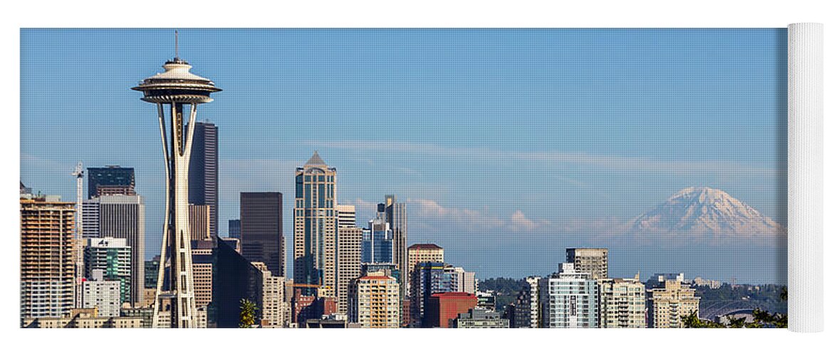 Seattle Yoga Mat featuring the photograph Seattle Skyline and Mt Rainier by Joan McCool