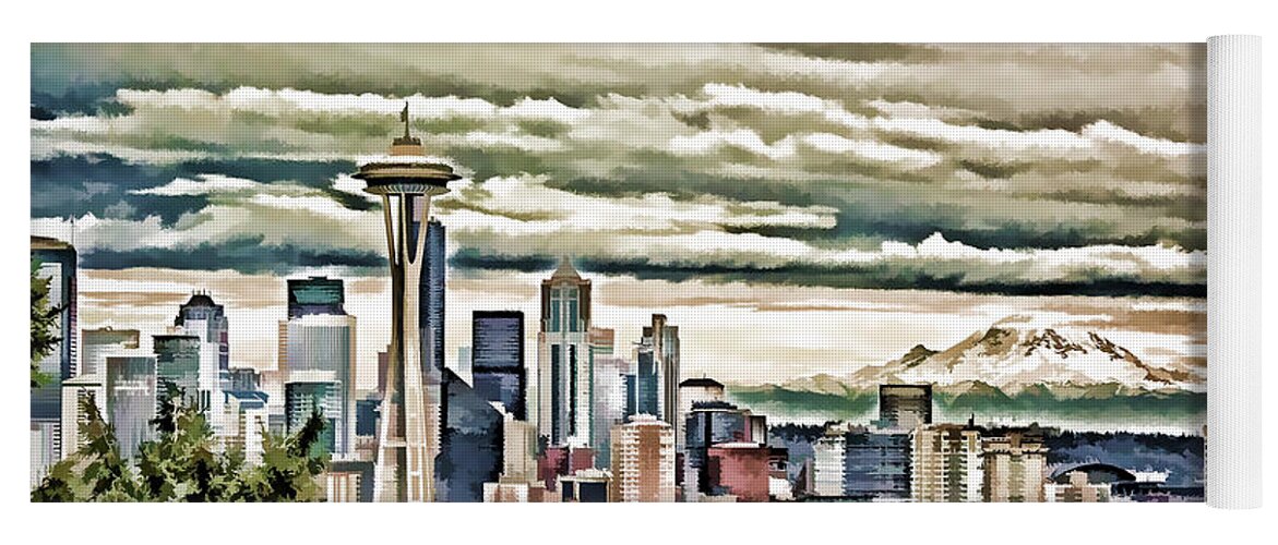 Seattle Yoga Mat featuring the painting Seattle Skyline in Fog and Rain by Elaine Plesser