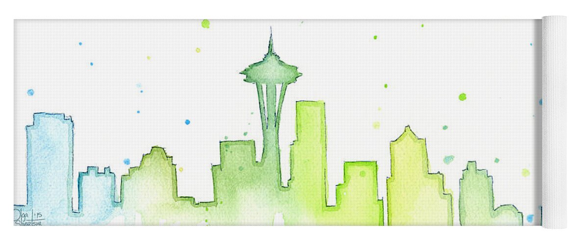 Seattle Yoga Mat featuring the painting Seattle Skyline Watercolor by Olga Shvartsur