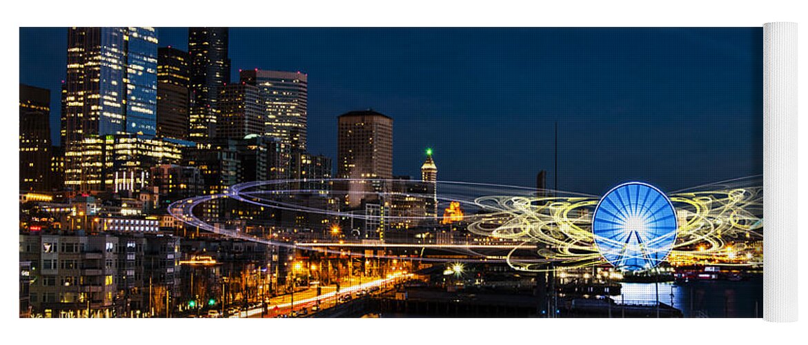 Long Yoga Mat featuring the digital art Seattle Waterfront Cosmic Rays by Pelo Blanco Photo