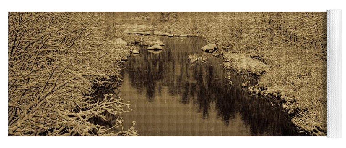 Sepia Yoga Mat featuring the photograph Sepia Snowfall On Boot Creek by Dale Kauzlaric