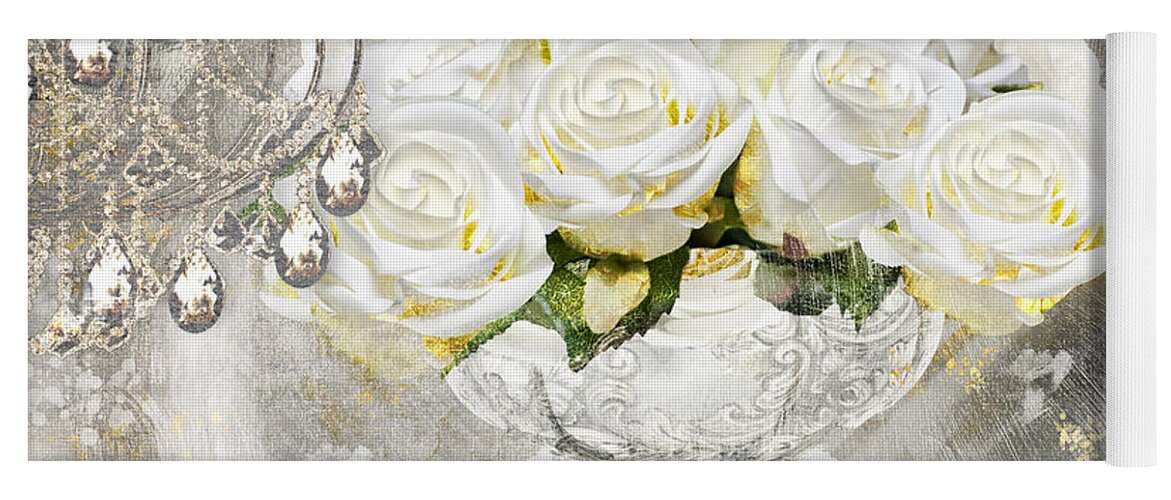 Shabby Roses Yoga Mat featuring the painting Shabby White Roses with Gold Glitter by Mindy Sommers