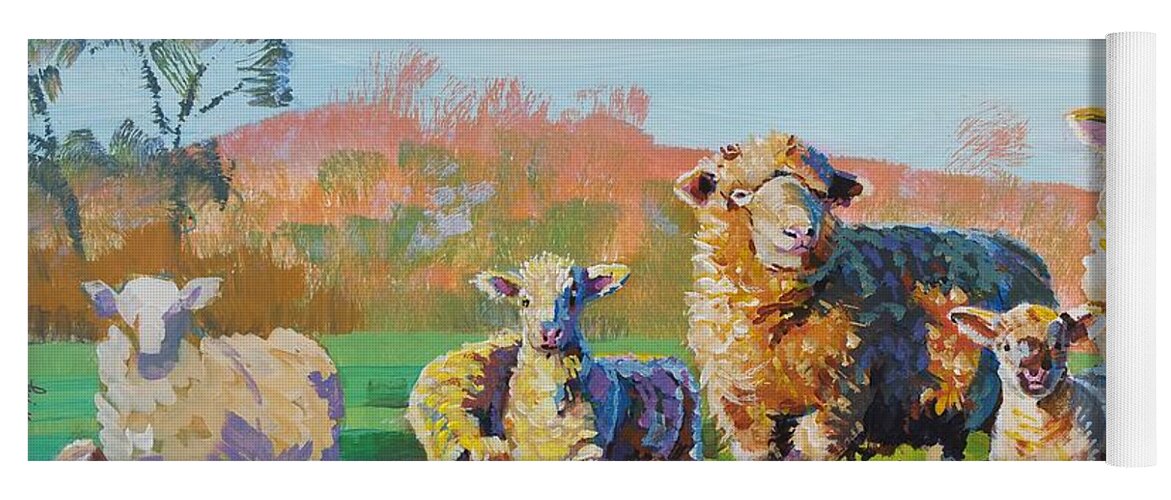 Sheep Yoga Mat featuring the painting Sheep and Lambs in Devon Landscape Bright Colors by Mike Jory