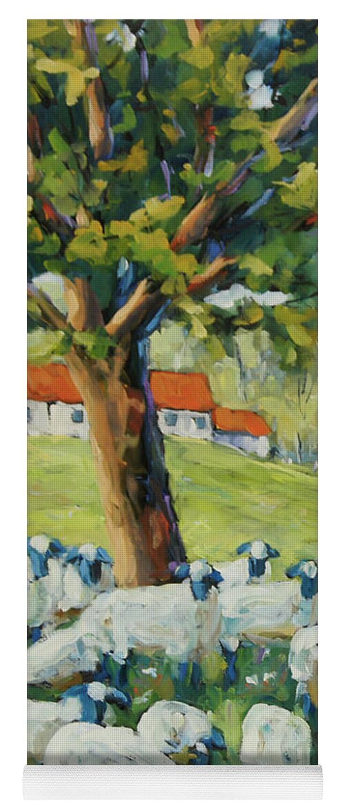 20x 20 X 1.5 Oil On Canvas Yoga Mat featuring the painting Sheep Huddled under the tree Farm Scene by Richard T Pranke