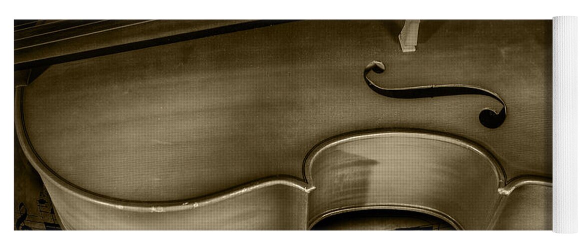 Cello Yoga Mat featuring the photograph Sheet Music with Cello Stringed Instrument in Sepia by Randall Nyhof