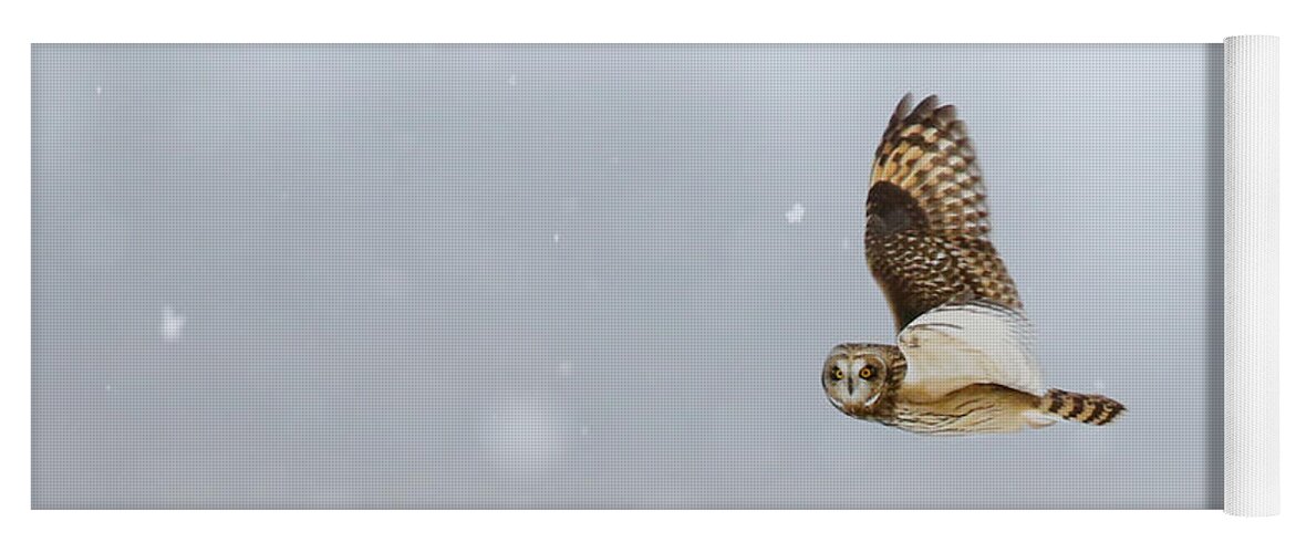 Owls Yoga Mat featuring the photograph Short Eared Owl In The Snow Storm by Heather King