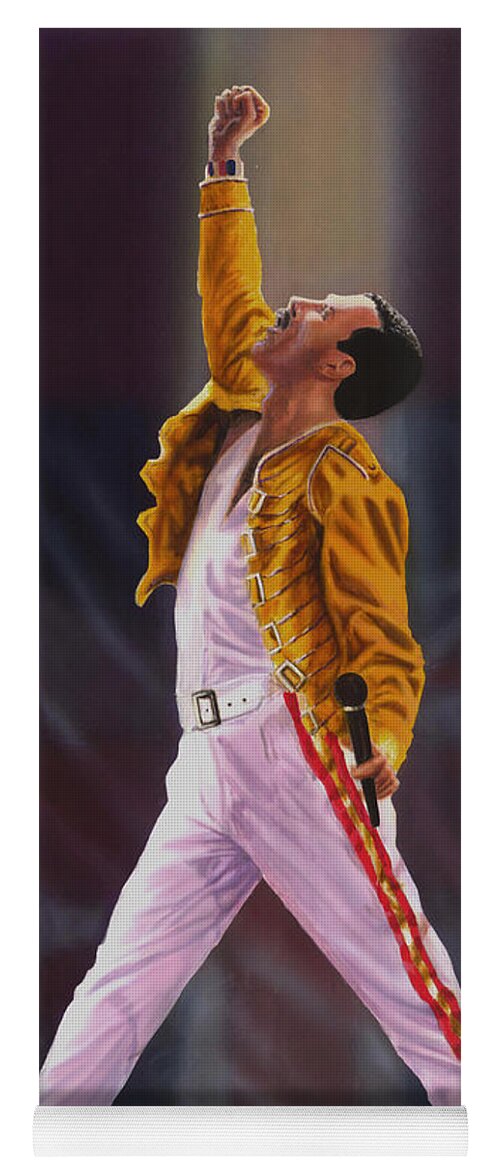 Freddie Mercury Yoga Mat featuring the painting Freddie Mercury Queen Show Must go On by Alex Artman
