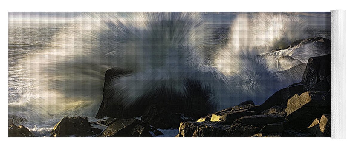 Quoddy Yoga Mat featuring the photograph Side Lit Wave Crashes Ashore at Quoddy Boldcoast by Marty Saccone