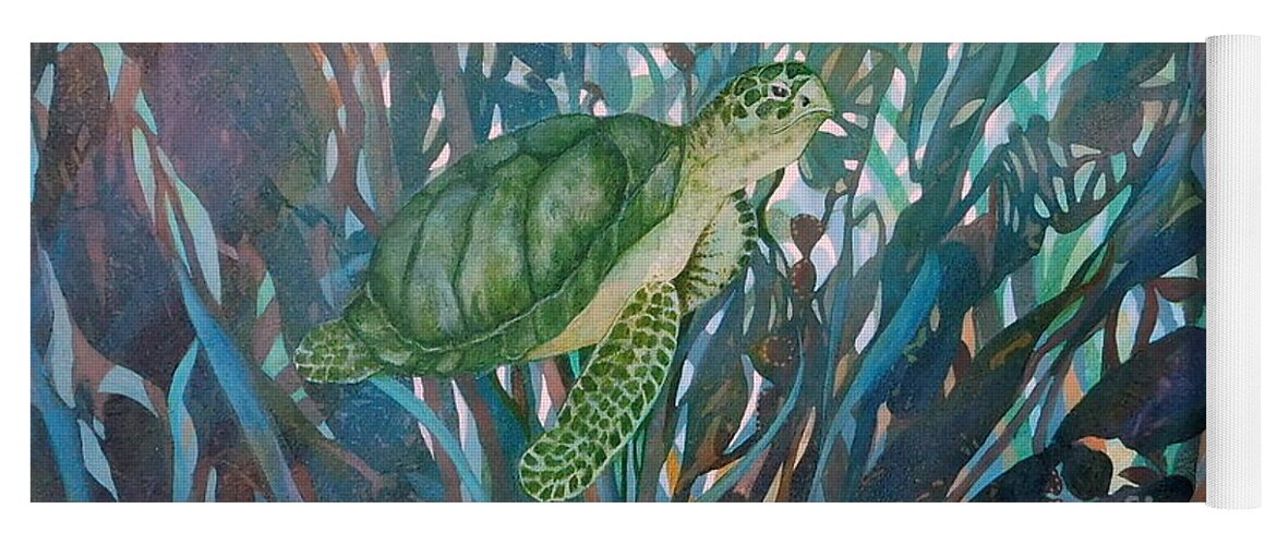 This Painting Of A Turtle Swimming Through A Forest Of Seaweed Was Painted Using Layers Of Blue And Green Transparent Acrylic On A 24 X 30 Canvas. (ribbon Winner March Members Show At Pinellas Park) Yoga Mat featuring the painting Slow Motion by Joan Clear