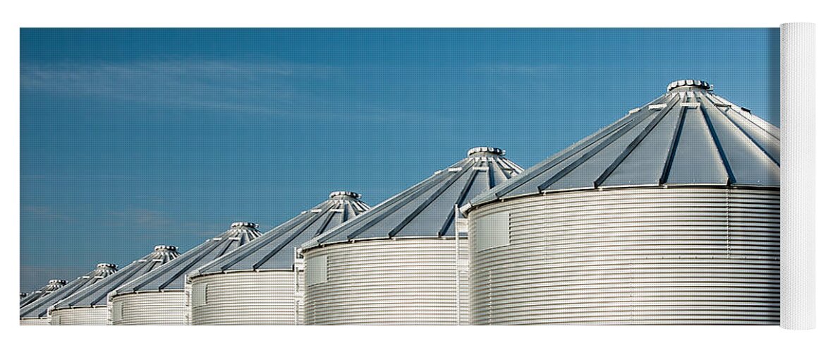 Grain Bins Yoga Mat featuring the photograph Silver Bins on Blue by Todd Klassy