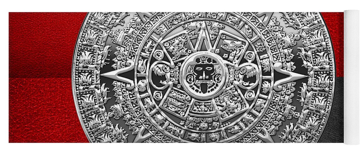 'treasures Of Mesoamerica' Collection By Serge Averbukh Yoga Mat featuring the digital art Silver Mayan-Aztec Calendar on Black and Red Leather by Serge Averbukh
