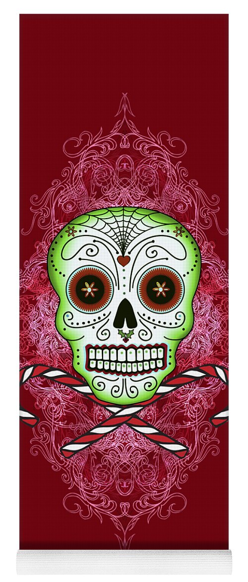 Sugar Skull Christmas Yoga Mat featuring the digital art Skull and Candy Canes by Tammy Wetzel