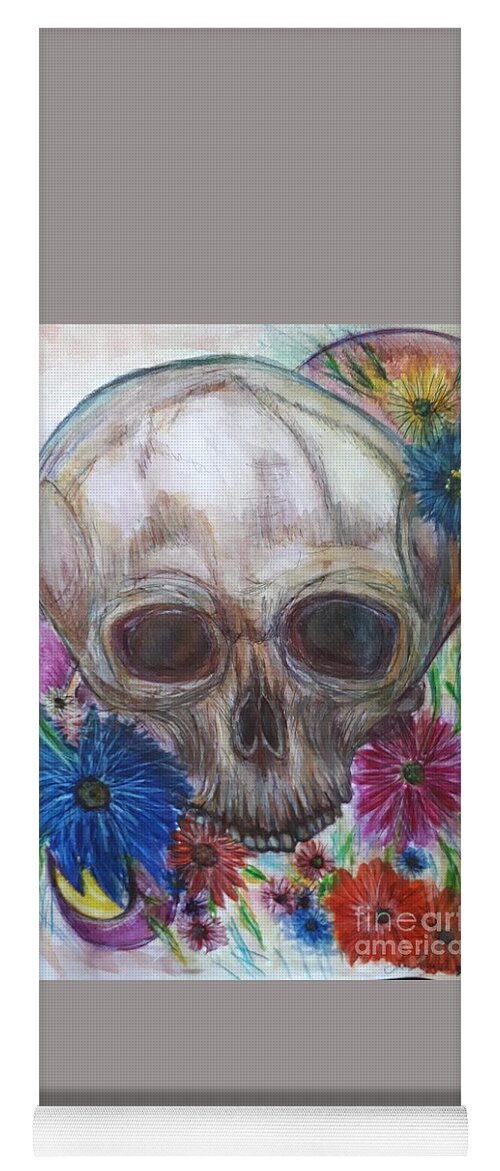 Skull Yoga Mat featuring the drawing Skull with flowers and ribbon by Lisa Koyle
