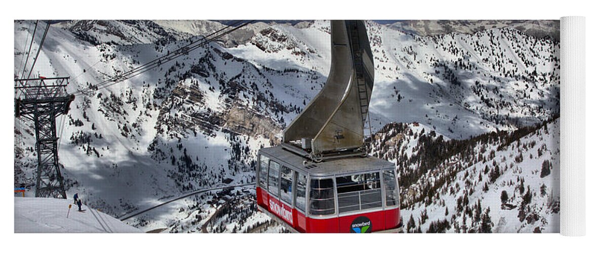 Snowbird Tram Yoga Mat featuring the photograph Snowbird Tram Approaching Hidden Peak by Adam Jewell