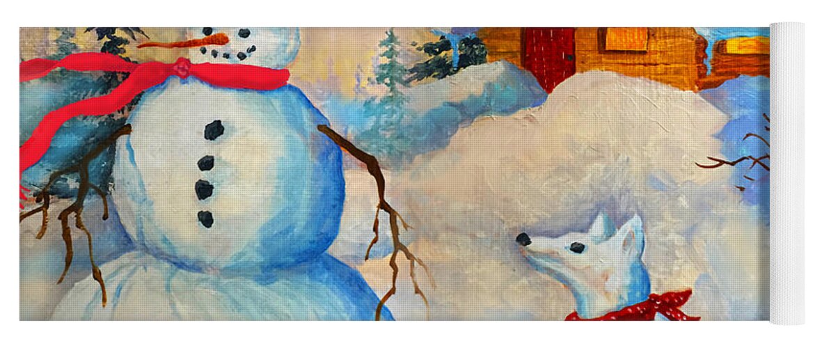 Snowman And Fido Yoga Mat featuring the painting Snowman and Fido by Teresa Ascone