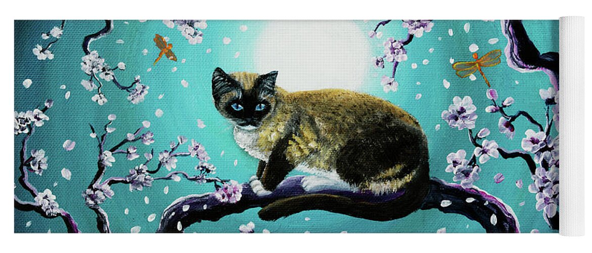 Siamese Yoga Mat featuring the painting Snowshoe Cat and Dragonfly in Sakura by Laura Iverson