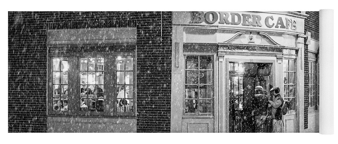 Harvard Yoga Mat featuring the photograph Snowy Harvard Square Night Border Cafe Black and White by Toby McGuire