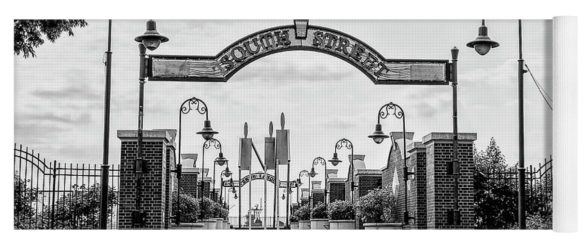 South Yoga Mat featuring the photograph South Street Entrance to Penns Landing in Black and White by Bill Cannon