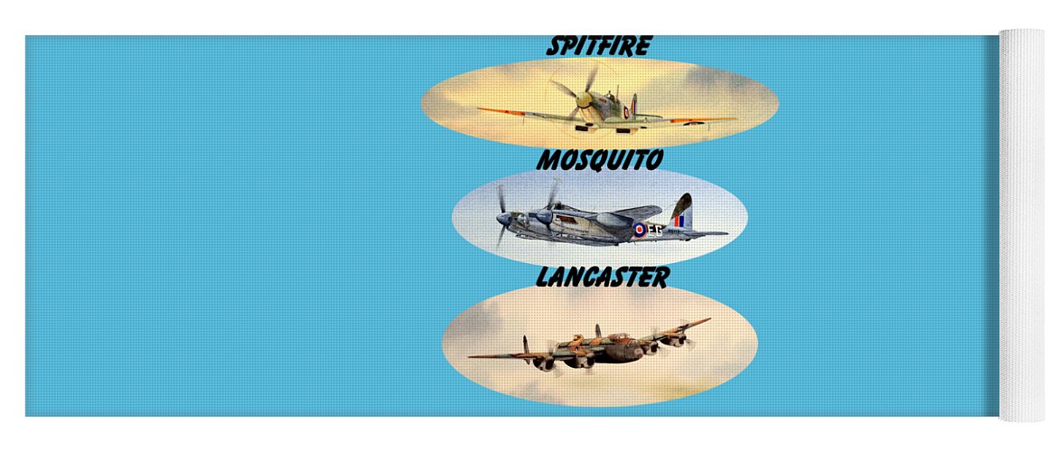 Supermarine Spitfire Yoga Mat featuring the painting Spitfire Mosquito Lancaster Aircraft With Name Banners by Bill Holkham