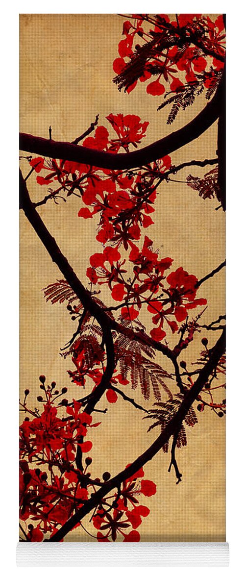 Spring Yoga Mat featuring the photograph Spring Bloosom in Maldives. Flamboyant Tree I. Japanese Style by Jenny Rainbow
