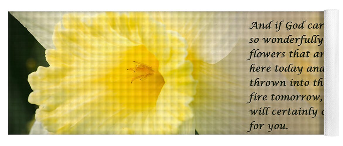 God Yoga Mat featuring the photograph Spring Daffodils Wtih Scripture by Joni Eskridge