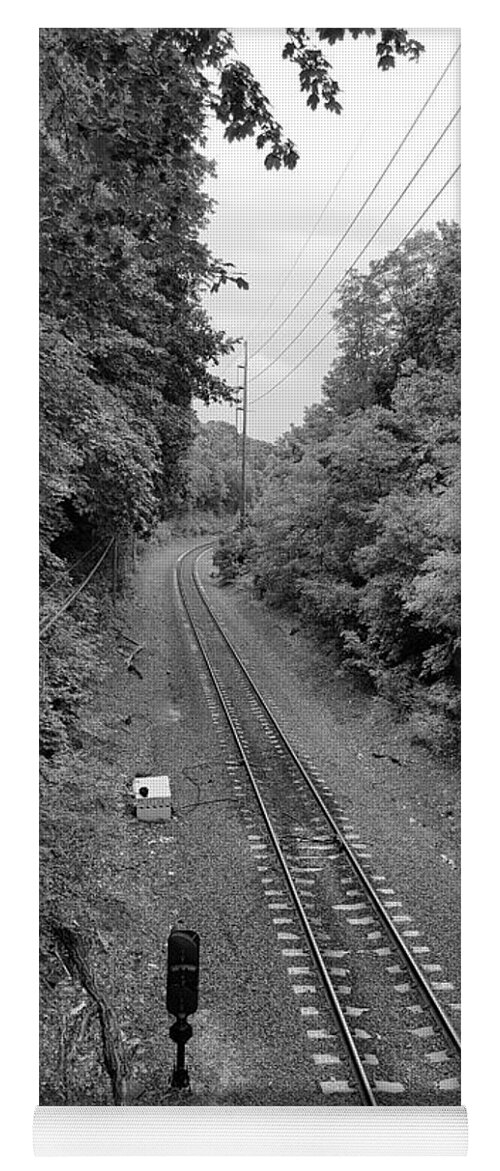 Train Tracks Yoga Mat featuring the photograph St James Train Tracks B W by Rob Hans