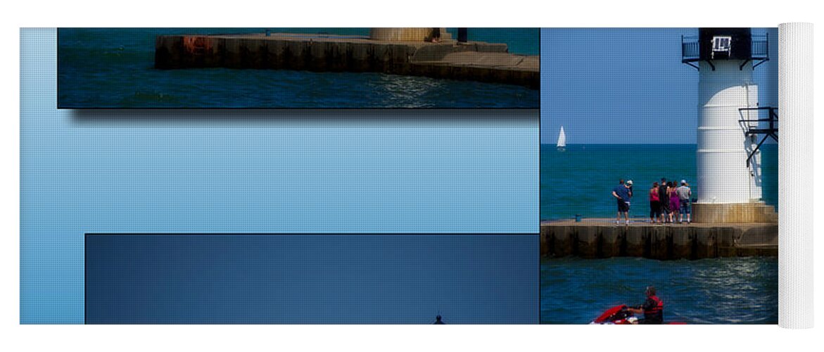Lighthouse Yoga Mat featuring the photograph St Joes Michigan Break Water Pier Light Collage by Thomas Woolworth