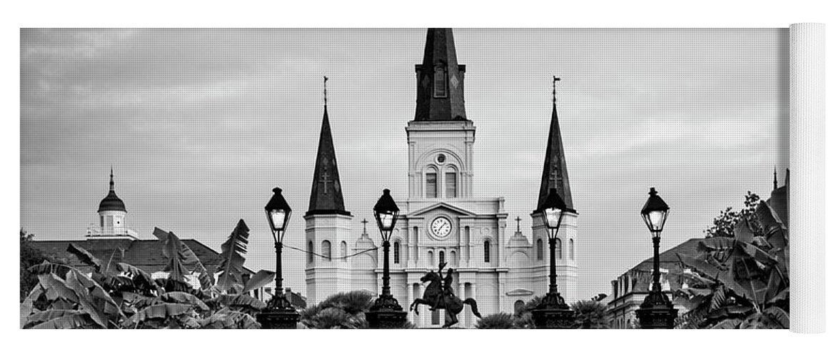 St. Louis Cathedral Yoga Mat featuring the photograph St. Louis Cathedral In Black and White by Greg and Chrystal Mimbs