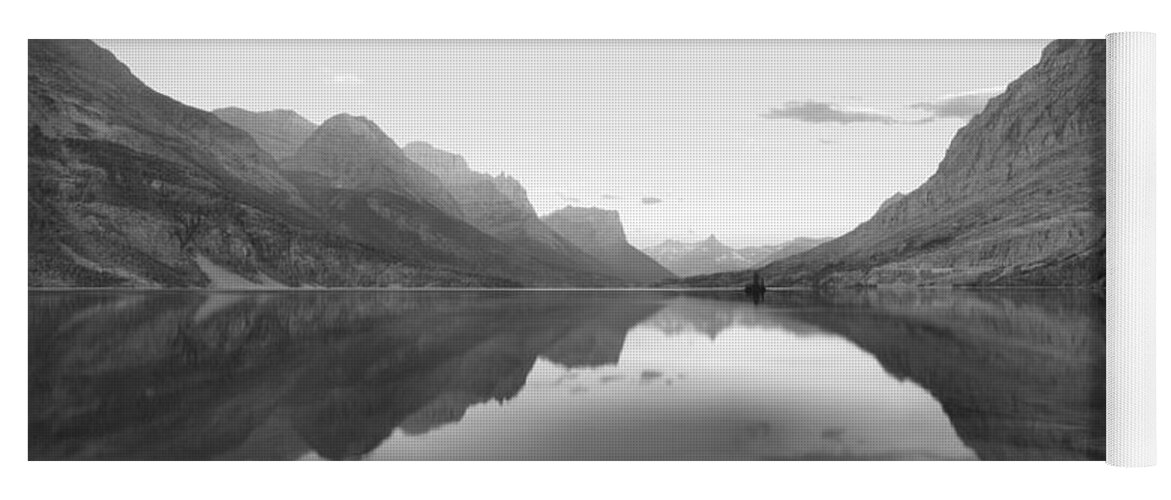 St Mary Lake Yoga Mat featuring the photograph St Mary Lake Clouds And Calm Water Black And White by Adam Jewell