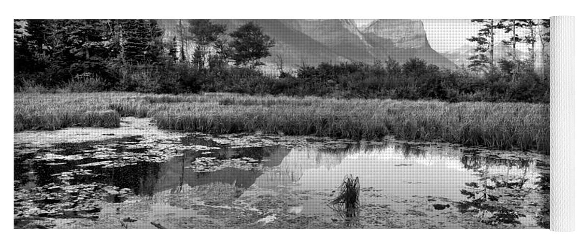 St Mary Lake Yoga Mat featuring the photograph St Mary Peaks Hazy Reflections Black And White by Adam Jewell