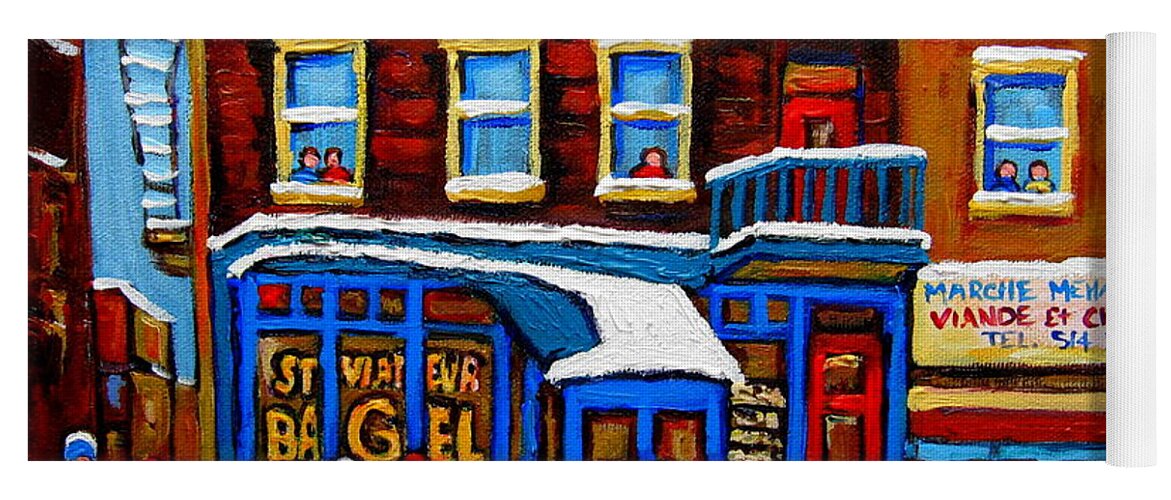 St. Viateur Bagel Yoga Mat featuring the painting St Viateur Bagel With Hockey Montreal Winter Street Scene by Carole Spandau