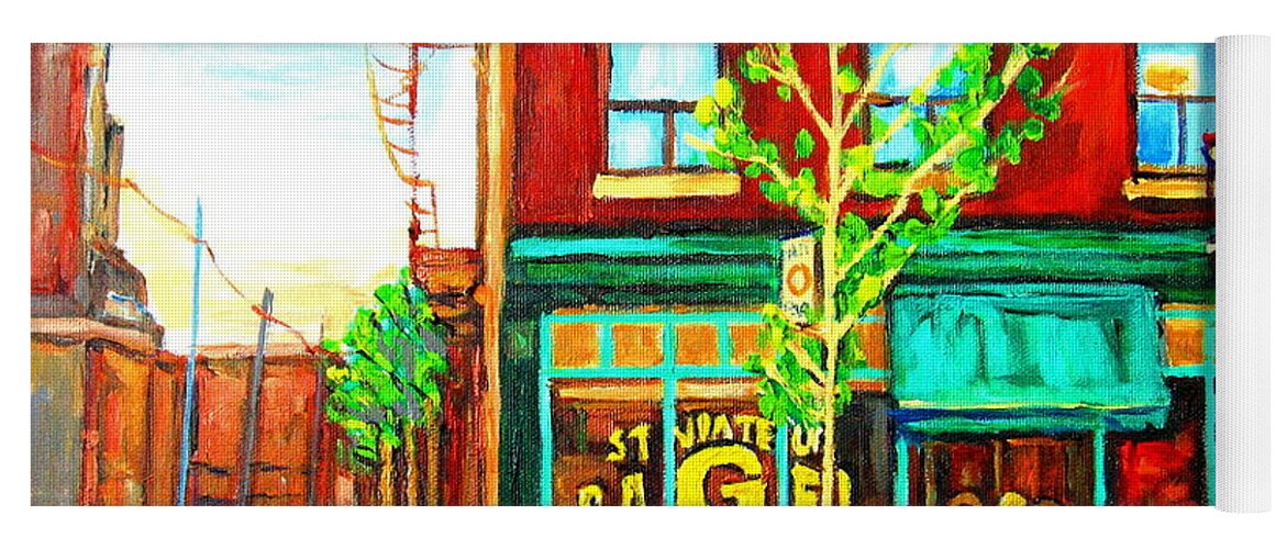 Cityscapes Yoga Mat featuring the painting St. Viateur Bagel with Shoppers by Carole Spandau