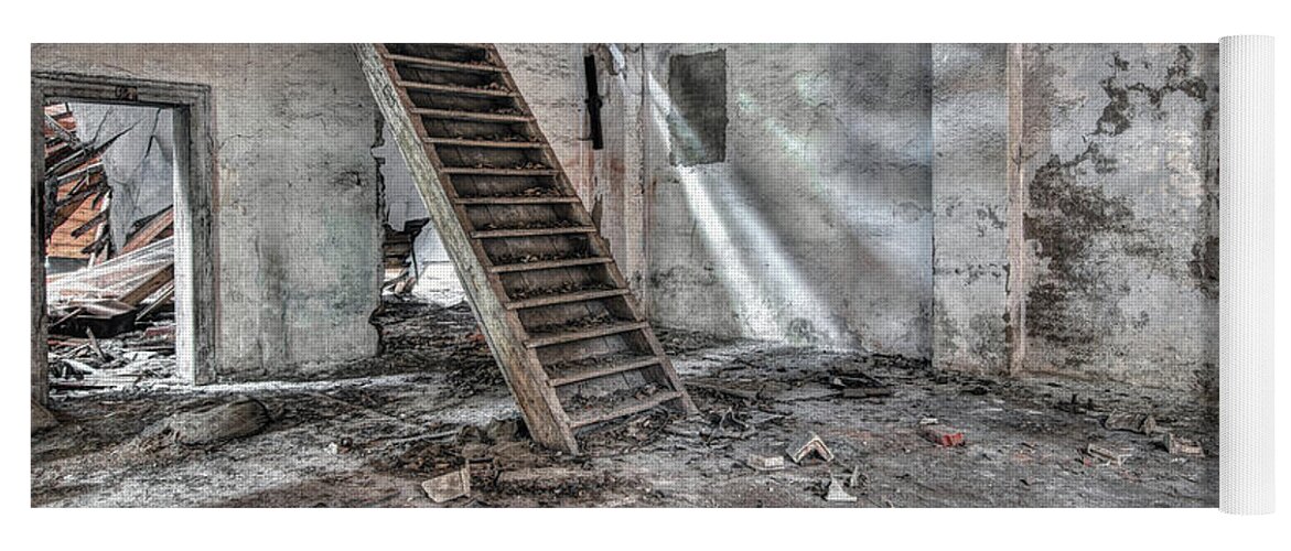Urbex Yoga Mat featuring the photograph Stair in old abandoned building by Michal Boubin