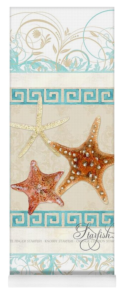 White Finger Starfish Yoga Mat featuring the painting Starfish Greek Key Pattern w Swirls by Audrey Jeanne Roberts