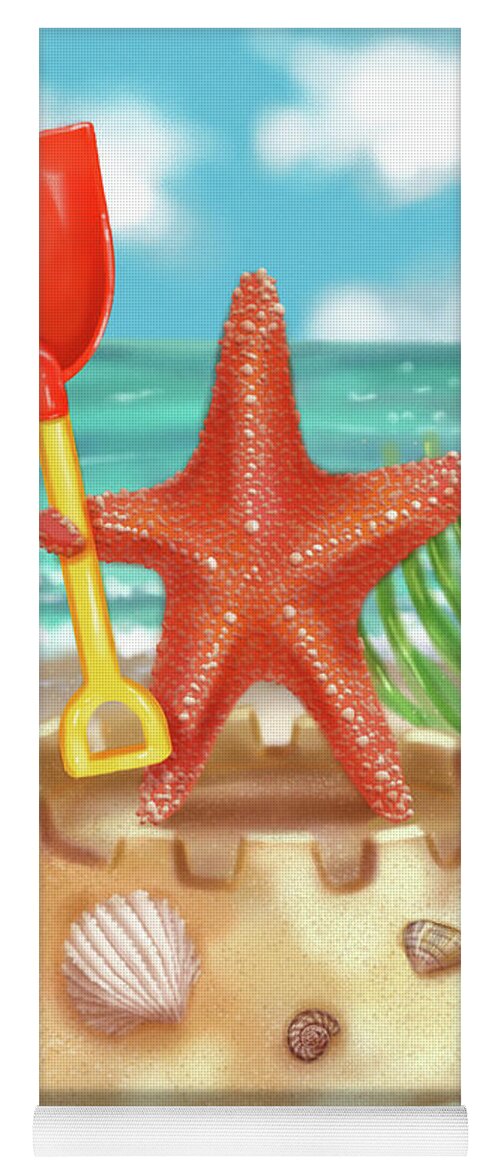 Starfish Yoga Mat featuring the mixed media Starfish makes a Sandcastle by Shari Warren