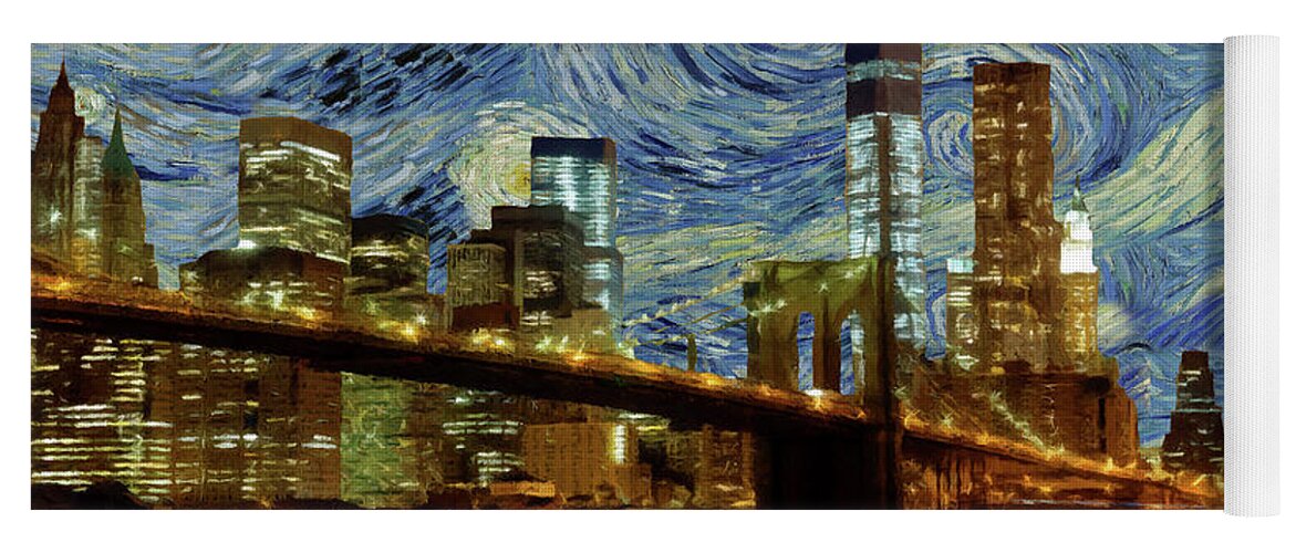 Starry Night Yoga Mat featuring the painting Starry Night Brooklyn Bridge by Movie Poster Prints