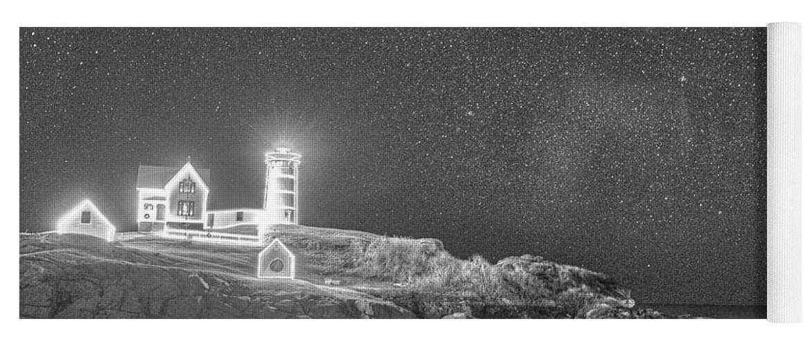 Nubble Yoga Mat featuring the photograph Starry Sky of the Nubble Light in York ME Cape Neddick Black and White by Toby McGuire