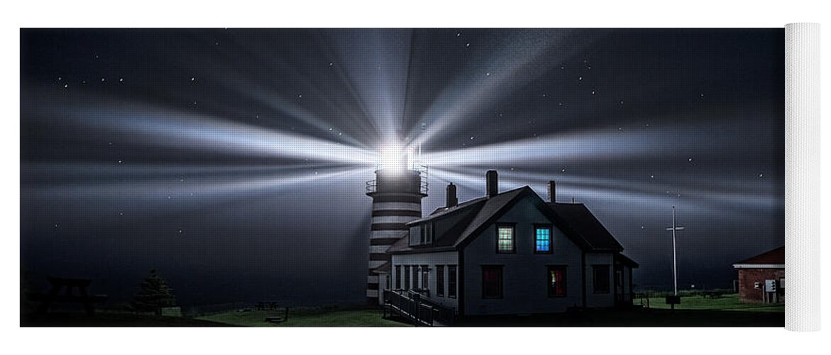 West Quoddy Head Lighthouse Yoga Mat featuring the photograph Stars and Light Beams - West Quoddy Head Lighthouse by Marty Saccone