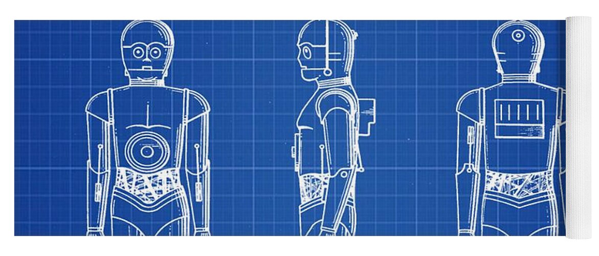 Starwars; C3p0; Patent; 1979; Robot; Star; Wars; Trek; Space; George; Lucas; Bill; Cannon; Photography; R3d2; Skywalker; Darth; Vader Yoga Mat featuring the photograph Starwars C3P0 Blue Print by Bill Cannon
