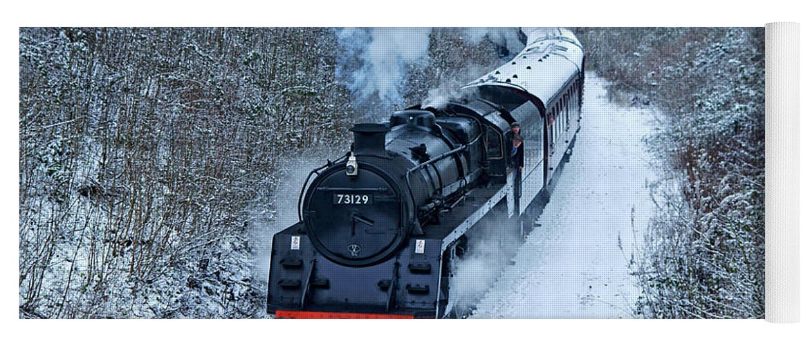 Steam Yoga Mat featuring the photograph Steam Locomotive 73129 In Snow by David Birchall