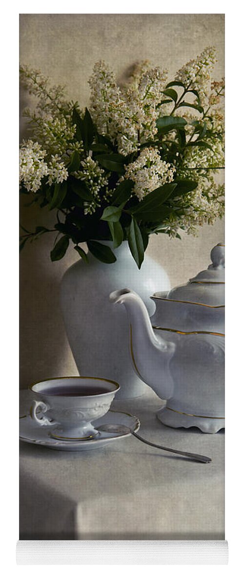 Still Life Yoga Mat featuring the photograph Still life with white tea set and bouquet of white flowers by Jaroslaw Blaminsky