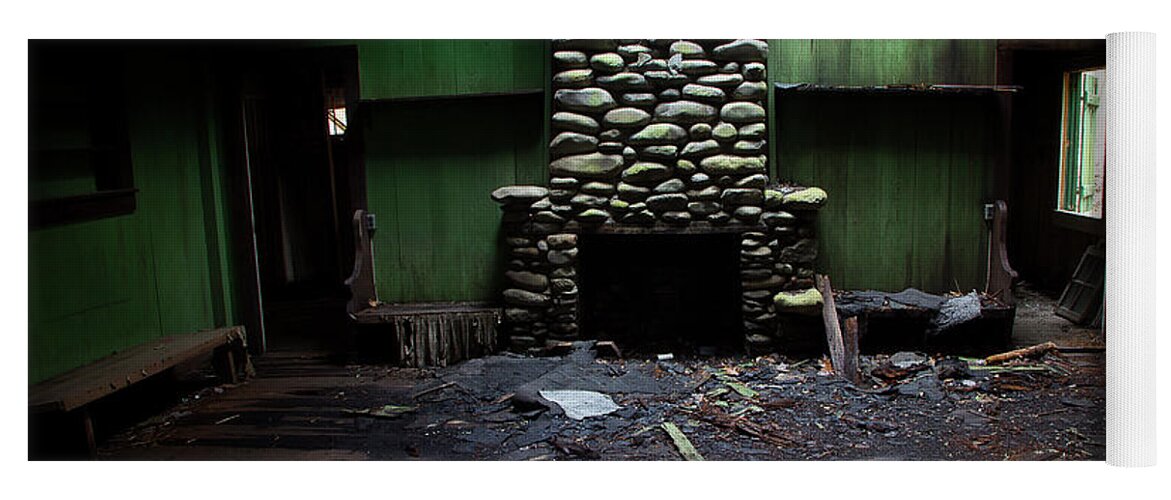 Abandoned Home Yoga Mat featuring the photograph Stone Fireplace by Mike Eingle