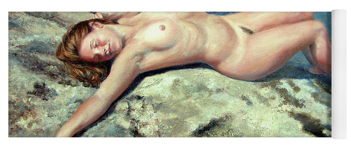Nude Woman Yoga Mat featuring the painting Stretch on Rock Ledge by Marie Witte