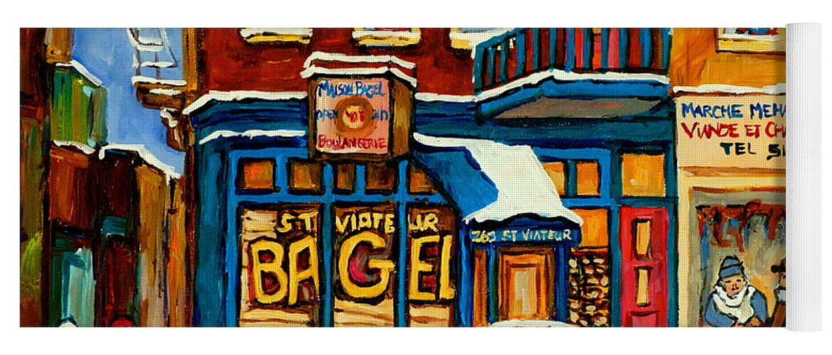 St.viateur Bagel Yoga Mat featuring the painting St.viateur Bagel Hockey Montreal by Carole Spandau