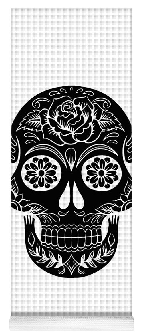 Skull Yoga Mat featuring the digital art Sugar Skull Day of the Dead Black Ink by Edward Fielding