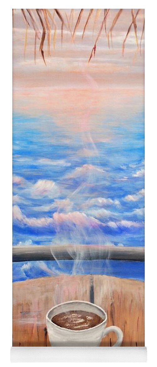 Coffee Summer Sea Bungalow Shadow Sunset Sunrise Sun Waves Cafe Horizon Straw Table Steam Hot Pin Blue Colorful Gray Cup Mug Art Acrylic Clouds Painting Turkish Coffee Yoga Mat featuring the painting Summer Mood by Medea Ioseliani