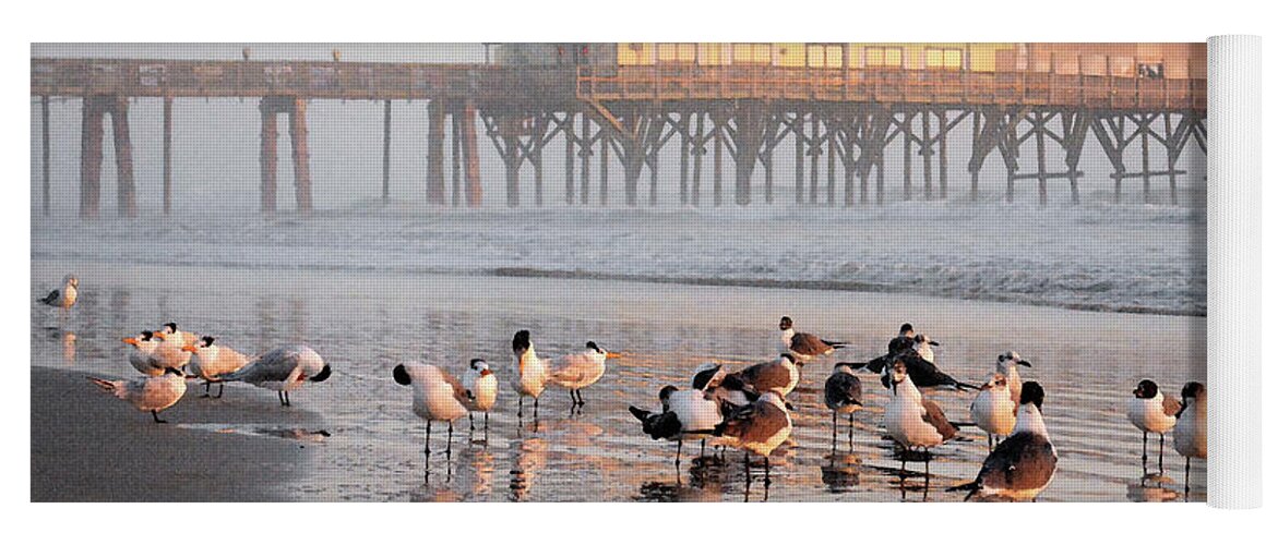 Seabird Paintings Yoga Mat featuring the photograph Sun Glow Pier with the morning birds by Julianne Felton