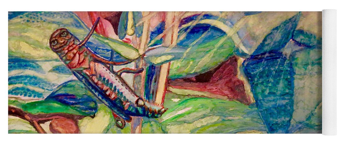 Ultramarine Blue Avocado Green Cool And Warm Greens And Blues Warm Red Gold And Tan Smiling Grasshopper Hanging Onto Stem Sun Spiral Symbol Spiritual Work Acrylic Works Nature Works Macro Insects Yoga Mat featuring the painting Sun Salutations to a Grasshopper by Kimberlee Baxter