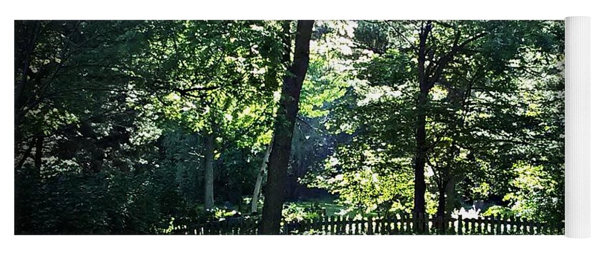 Sunlight Yoga Mat featuring the photograph Sunlight Through Trees and Fence by Frank J Casella