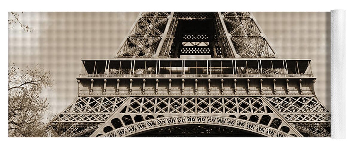Travelpixpro Yoga Mat featuring the photograph Sunlit Eiffel Tower First and Second Floors Paris France Sepia by Shawn O'Brien